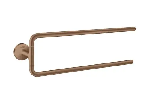 Handtuchhalter mit zwei Armen in gebürstetem Rotgold, montiert an einer runden Wandhalterung. Marke AXOR ist sichtbar.